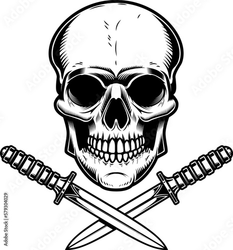 Illustration of the skull with crossed knives. Design element for logo, label, sign, emblem. Vector illustration