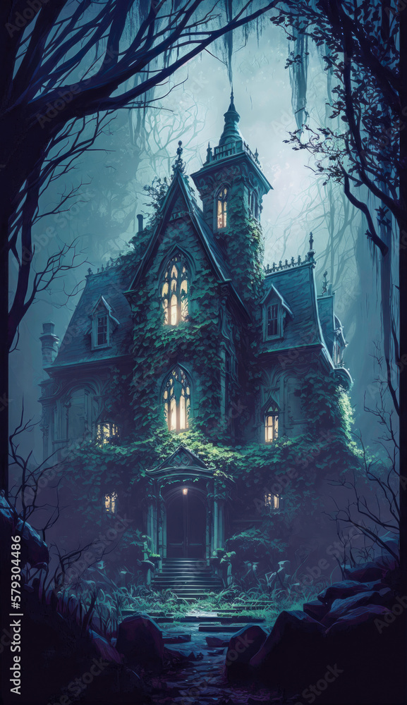 A Futuristic Gothic Victorian Mansion Lost in the Haunted Forest: Discovering | AI Generated