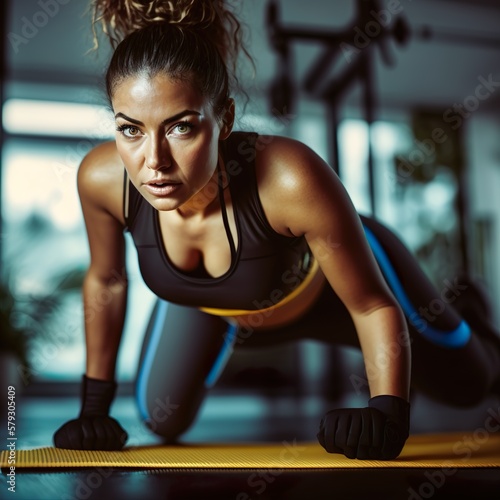 A beautiful young girl stands in a plank on a fitness mat. Generative AI.