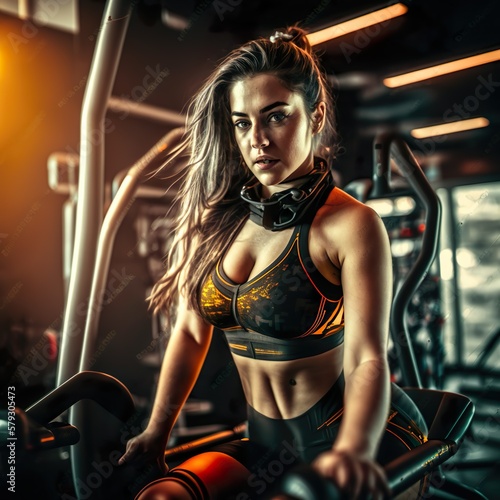 Beautiful young girl runs on a treadmill in the gym. Generative AI.
