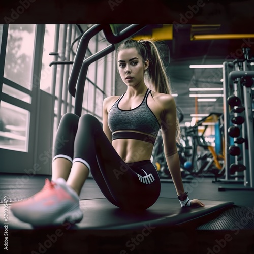 Beautiful young girl pumps the press in the gym. Generative AI.