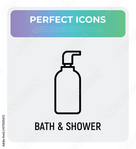 Bath and shower treatments: bottle with dispenser and plastic tube. Shower gel, liquid soap. Thin line icon. Modern vector illustration for beauty shop.