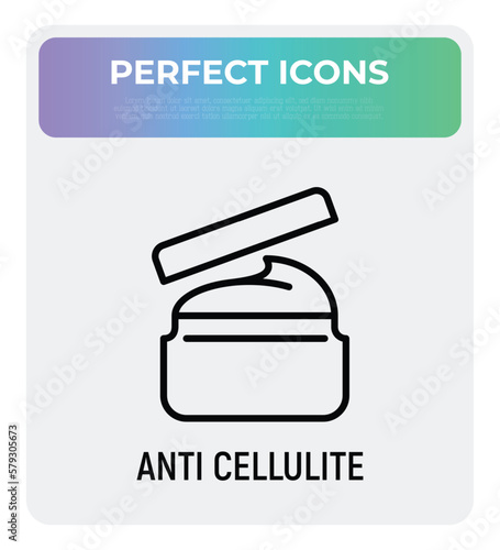 Spa treatment: body scrub, body cream thin line icon. Anti cellulite treatment. Modern vector illustration for beauty shop.