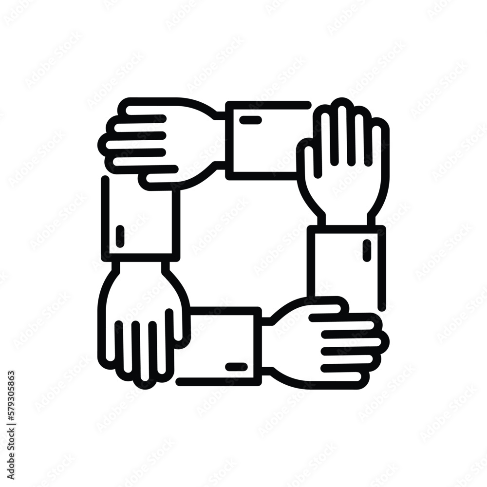 Teamwork, unity, trust and corporate partnership. Thin line icon. Four hands holding each other by wrist. Modern vector illustration.