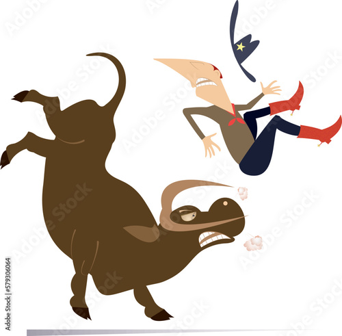 Farmer or cowboy and angry bull illustration. 
Rodeo. Bull raised farmer or cowboy by horns. Isolated on white background
