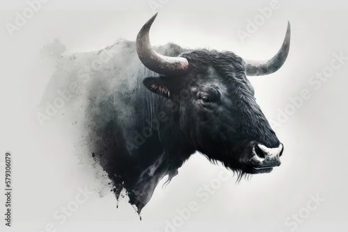 Double exposed portrait of a black camargue bull's face against a white backdrop. Generative AI