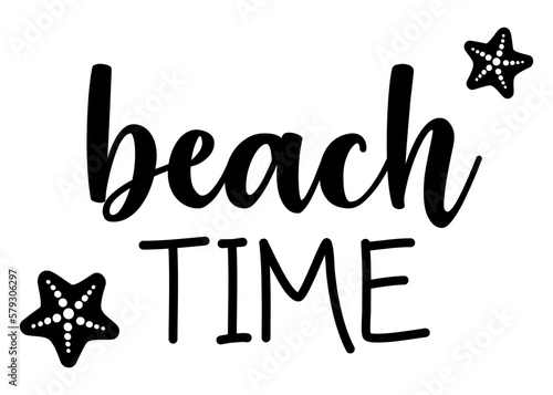Destino de vacaciones. Logo aislado con letras del mensaje beach time en texto manuscrito con siluetas de estrella de mar