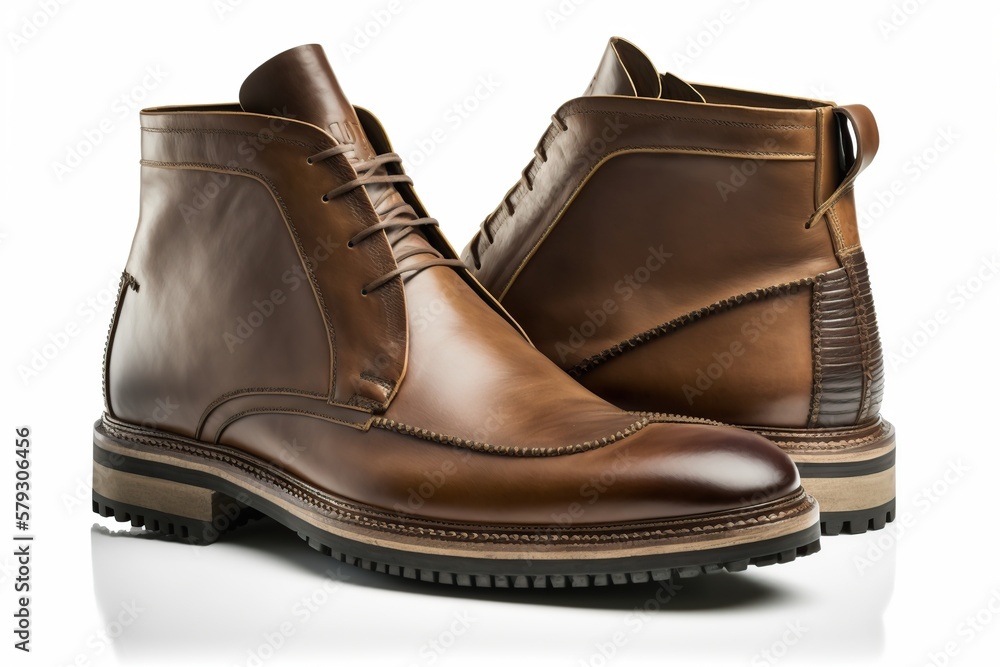 Male brown leather boots isolated on white background. Generative AI illustration.