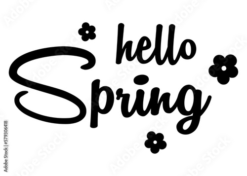 Logo aislado con letras del mensaje hello spring en texto manuscrito con silueta de flores en color negro