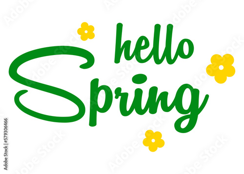 Logo aislado con letras del mensaje hello spring en texto manuscrito con silueta de flores en color verde y amarillo