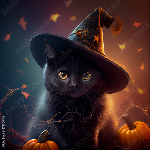 Witch cat in a hat with a pumpkin prepared for Halloween