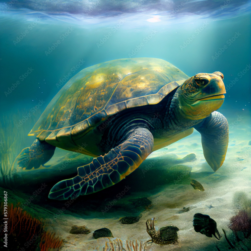 Fototapeta premium a large green turtle swims on the sandy bottom of a pond between algae