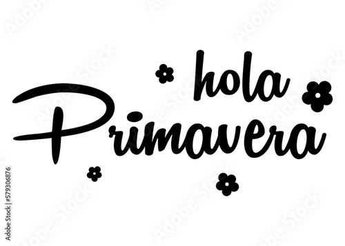 Logo aislado con letras del mensaje hola primavera en texto manuscrito en español con silueta de flores en color negro