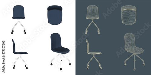 Vector modern Office chair ergonomic in various points of view. blue print isolated background