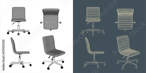 Vector modern Office chair ergonomic in various points of view. blue print isolated background
