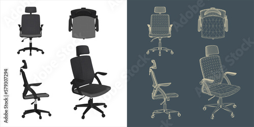 Vector modern Office chair ergonomic in various points of view. blue print isolated background