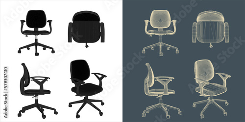 Vector modern Office chair ergonomic in various points of view. blue print isolated background