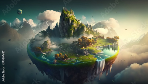 Surreal fairy-tale landscape with a floating island, waterfalls and clouds, a flying fantastic land with greenery and blue water, heaven landscape. Generative AI © keks20034
