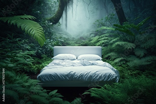 Escape to nature with a cozy bed nestled among the trees, surrounded by the peaceful beauty of the forest. Generative AI
