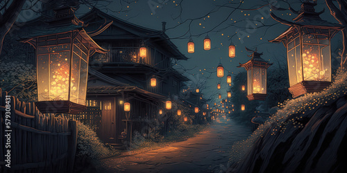 Plakat Street of a traditional Japanese village at night illuminated by  lanterns. Surreal and magical atmosphere in a medieval Japan. Oriental  artwork featuring Japanese alleyways and culture. generative ai -  tradycyjnych, kultura