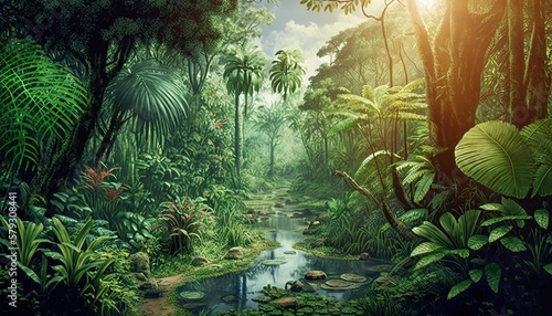In 10,000 BC, the tropical rainforests were rich with towering trees, abundant wildlife, and a variety of species, including colorful birds and exotic primates in the canopy and understory layers. photo