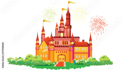 Beautiful medieval fairytale castle with flags and celebratory fireworks. Vector illustration isolated on white background.