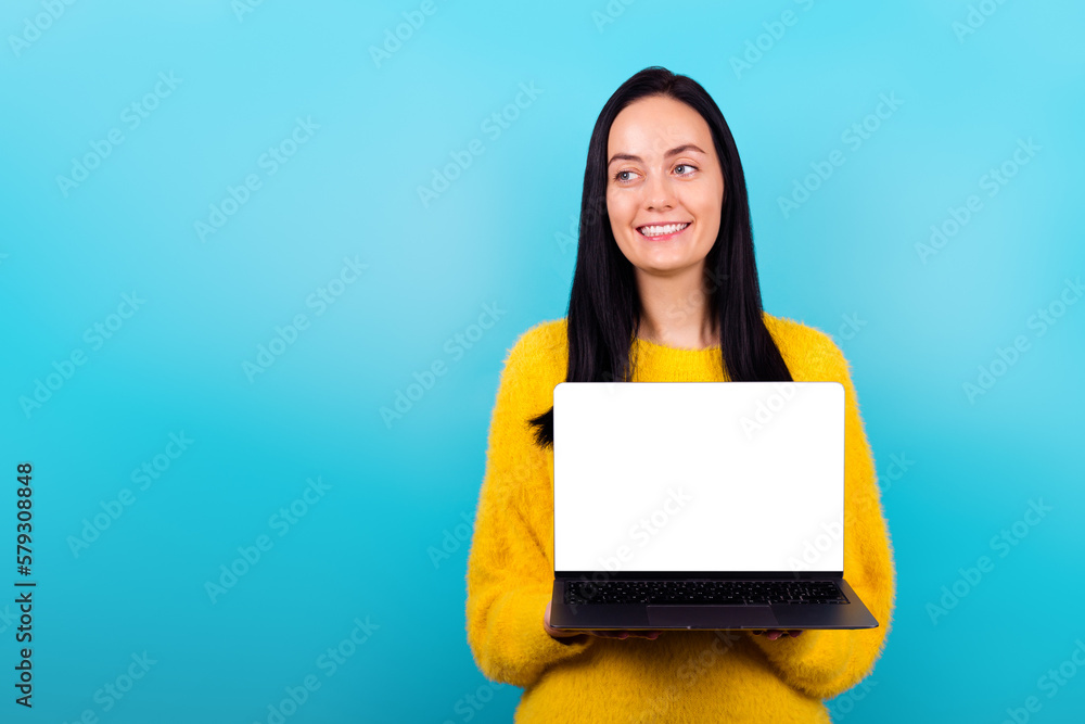 Naklejka premium Photo of adorble pretty lady hand arm hold offer recommend make choice choose buy modern device gadget isolated on cyan color background 