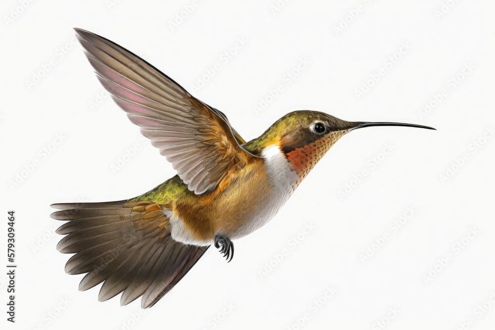 With a white background, the Allens Hummingbird (Selasphorus sasin) is flying. Generative AI With a white background, the Allens Hummingbird (Selasphorus sasin) is flying. Generative AI