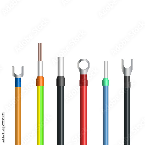 Set of various cable lugs with wire, 3D vector illustration.