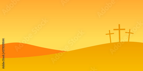 Three crosses on Golgotha Mountain. Easter concept vector illustration with crosses on Calvary Hill at sunset.