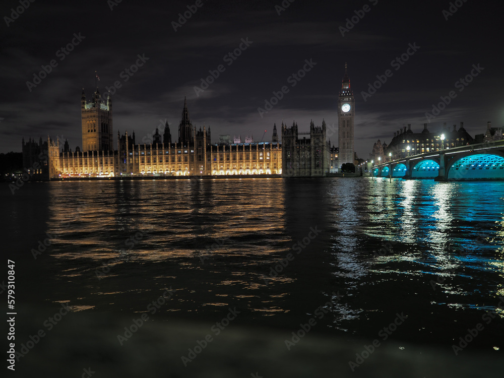 Houses of Parliament and Westminster Bridge at night in London