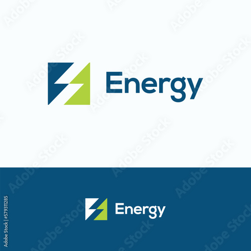 Energy logo. E lightning power logo template. Battery electric voltage sign.