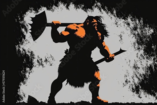 An orc brandishing an ax. Silhouettes from a fantastical world. Animated GIF of a barbarian type beast. Generative AI