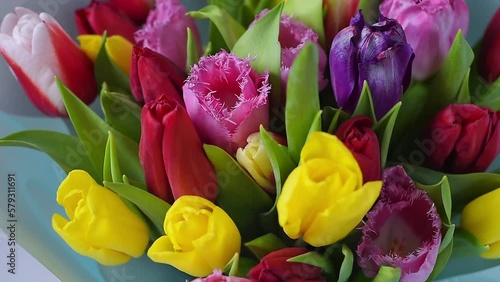Multicolor tulips bouquet close up in vase