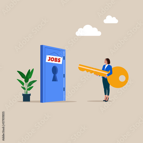 Businesswoman walking and holding key open door to path to career success. Dream job. Key success to career.  Modern vector illustration in flat style