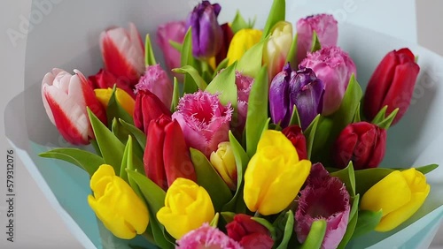 Multicolor tulips bouquet close up in vase