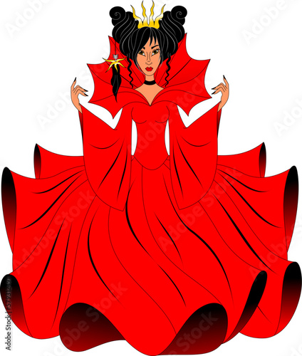 a beautiful enchantress in a red dress with an oriental appearance