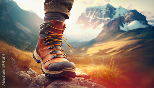 Hiker goes against sky and sun. Hiking concept created with generative Ai technology
