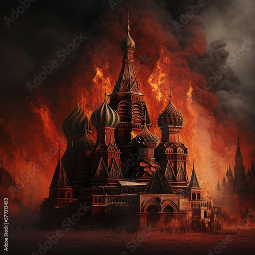 Moscow city in fire, concept art, Generative AI