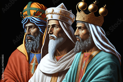 Fototapeta The Three Magi King of Orient on Black Background, The Three Wise Men Illustrati