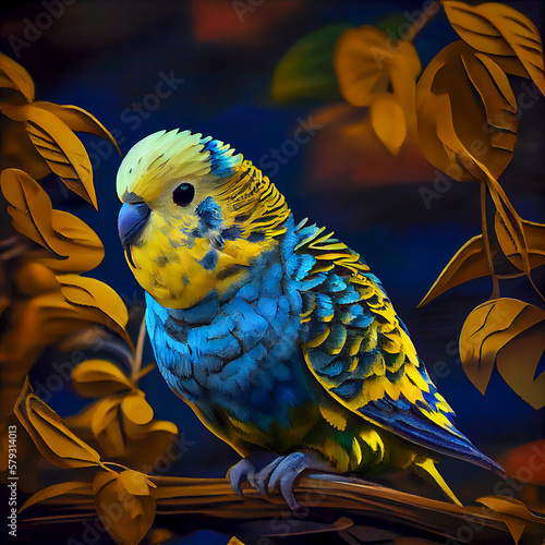 Blue-and-yellow budgerigar in tropical jungle, generative ai illustration