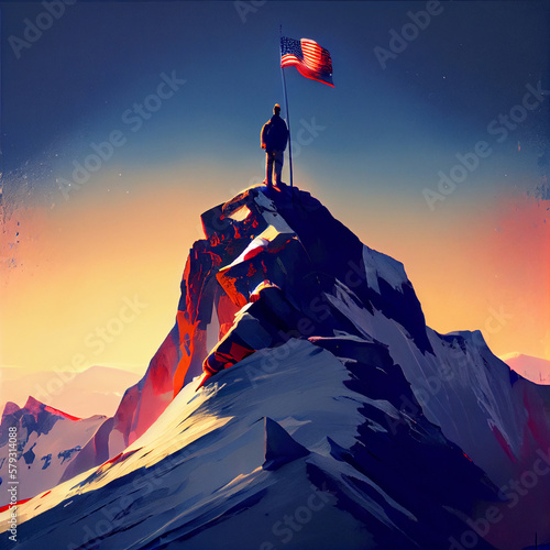 Man with USA flag on top of the mountain against the sky. AI generative.
