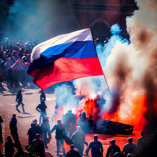 Protests in Russia. People fighting with flags at demonstration. AI generative. © Vjom
