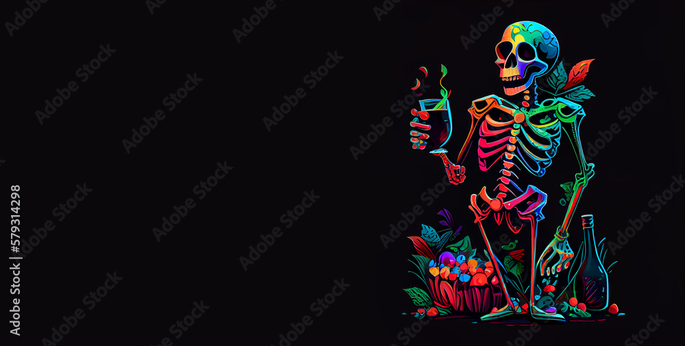 Multicolored skeleton drinking cocktail with big bottle. AI generative.