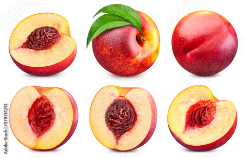 Peach half with clipping path. Peach fruit isolated on white background. Peach macro studio photo