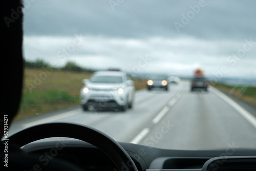 Driving a car - perspective of a driver - bokeh effect