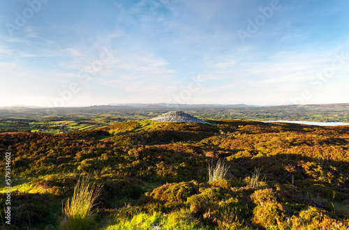 Carrowkeel Neolithic passage tomb necropolis. Bricklieve Hills Co. Sligo  Ireland. Cairn G seen from Cairn H with Lough Arrow below to the N.E.