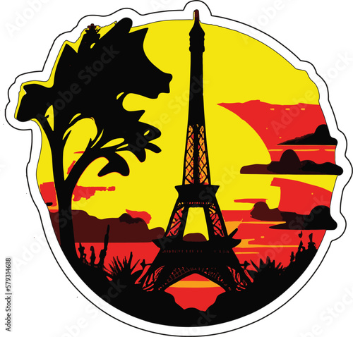 Silhouette of elfel tower at sunset. Vector image..