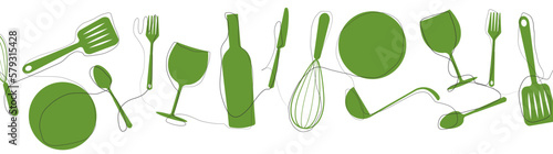 Set of silhouettes kitchen tools fork spoon knife rolling pin ladle board for cutting culinary banner with place for your text vector illustration isolated on white background