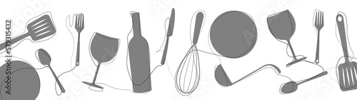 Set of silhouettes kitchen tools fork spoon knife rolling pin ladle board for cutting culinary banner with place for your text vector illustration isolated on white background